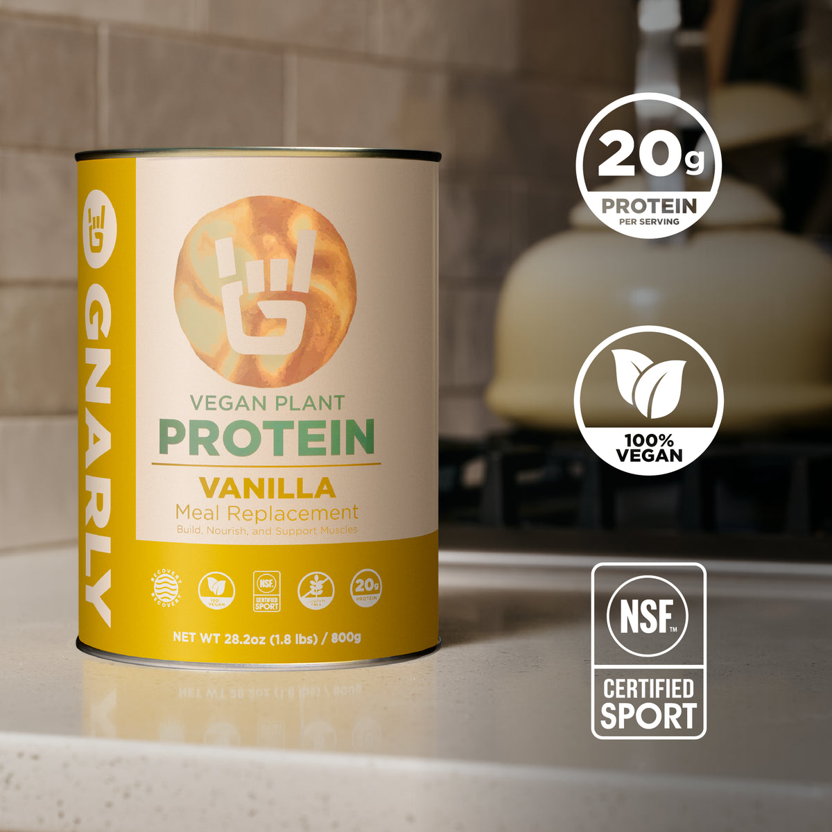 Gnarly Vegan Plant Protein vanilla can, 20g protein per serving, 100% vegan, NSF Certified for Sport