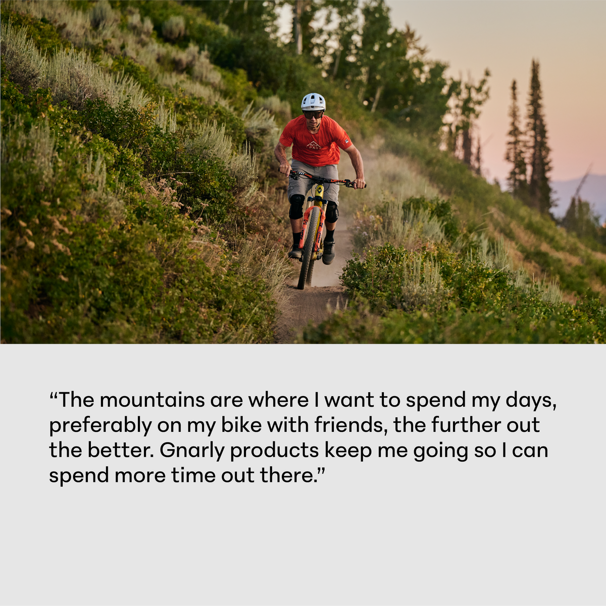 Gnarly athlete mountain biking, on Gnarly products keeping him going
