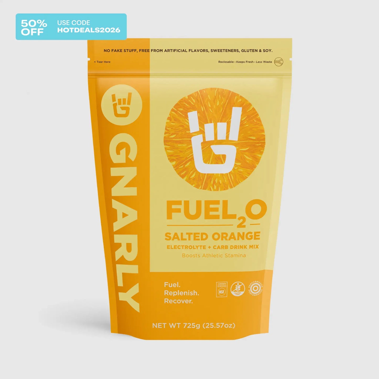 Gnarly Fuel2O Salted Orange drink mix package on a light gray background