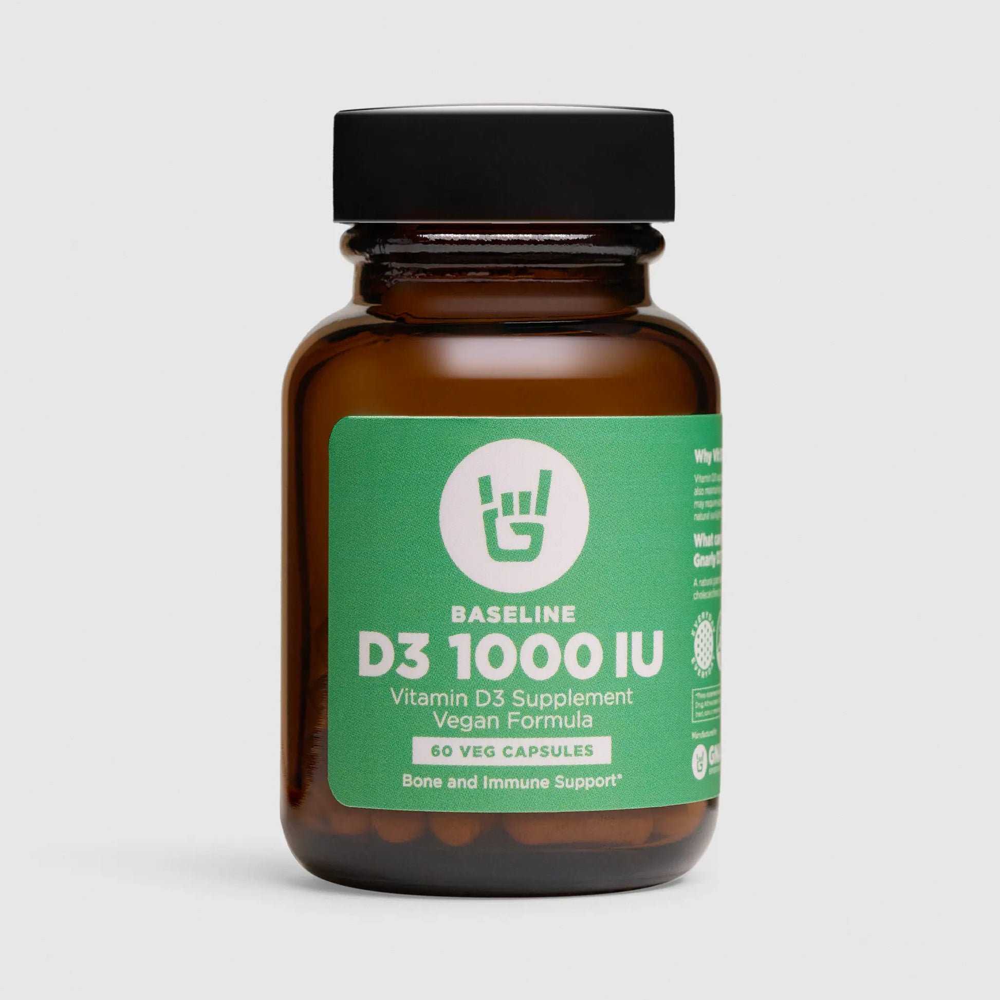 Gnarly Baseline D3 supplement in a brown bottle