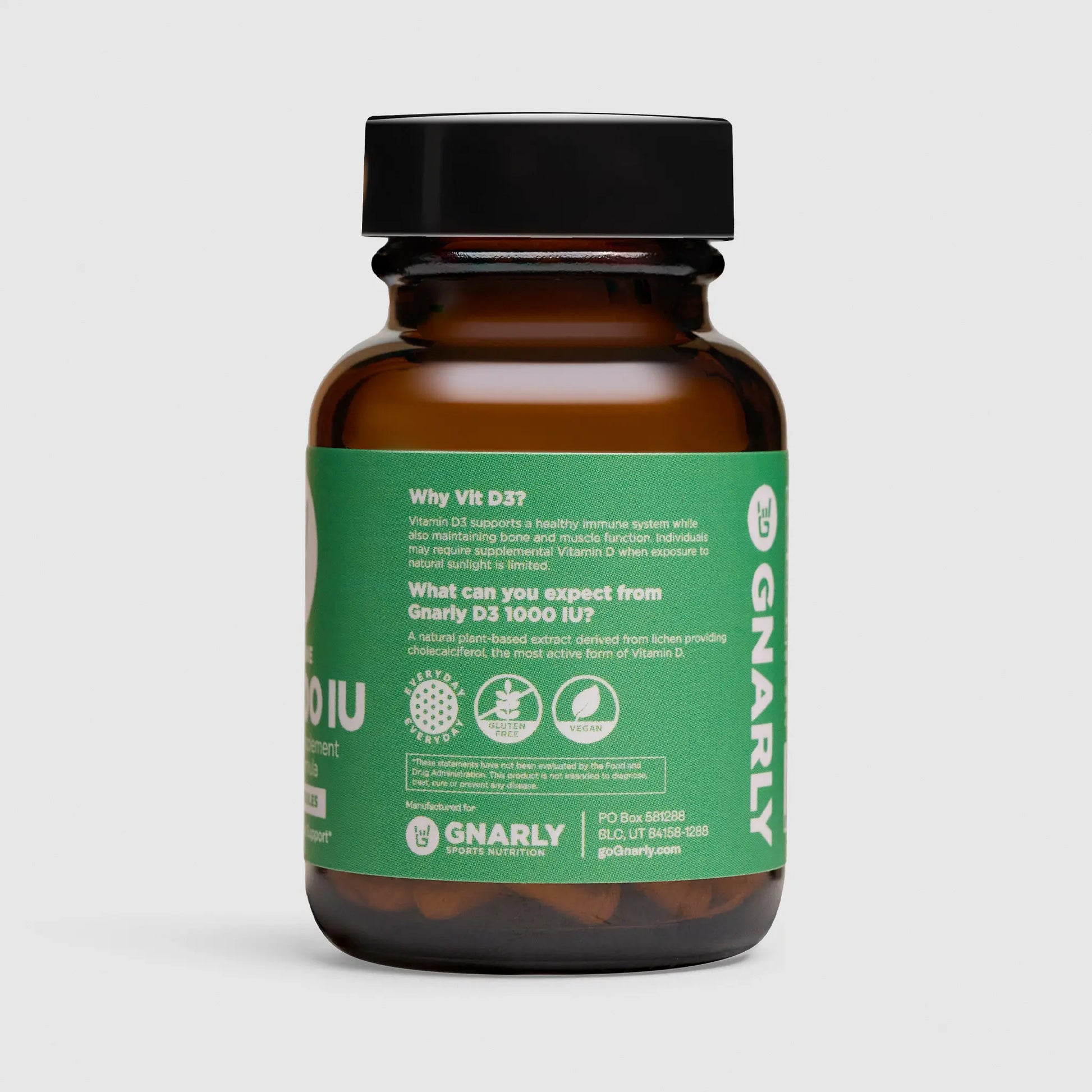 Gnarly Baseline D3 supplement in a brown bottle description side