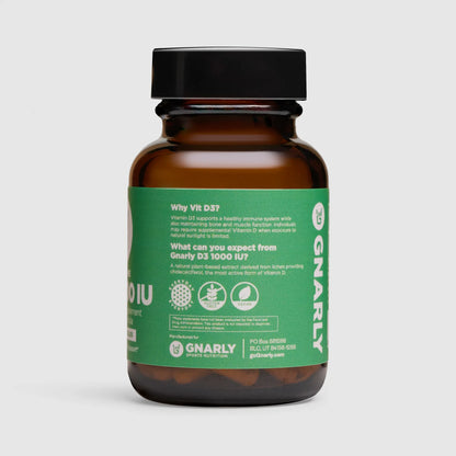 Gnarly Baseline D3 supplement in a brown bottle description side