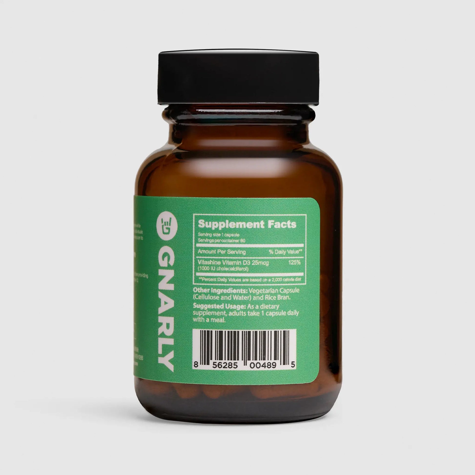 Gnarly Baseline D3 supplement in a brown bottle nutrition side