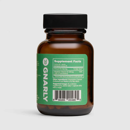 Gnarly Baseline D3 supplement in a brown bottle nutrition side