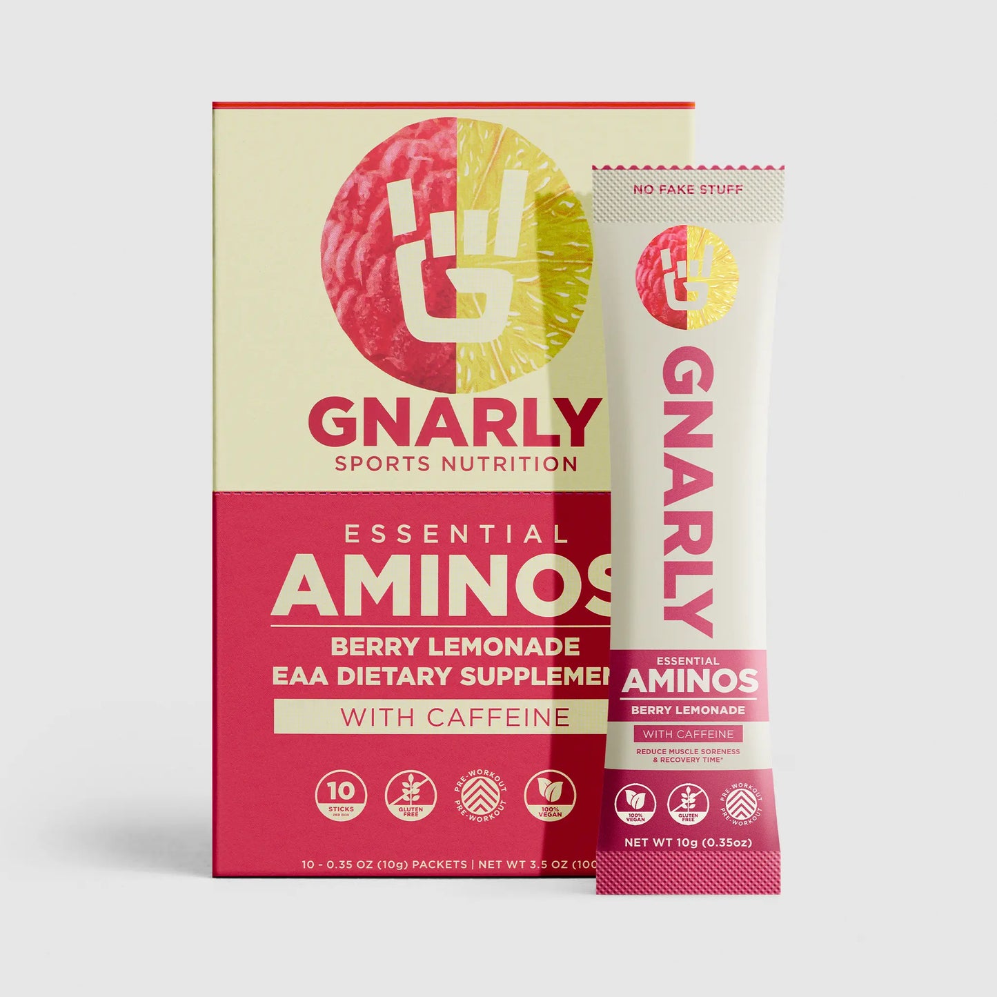 Gnarly Sports Nutrition Essential Aminos package and single packet on a white background