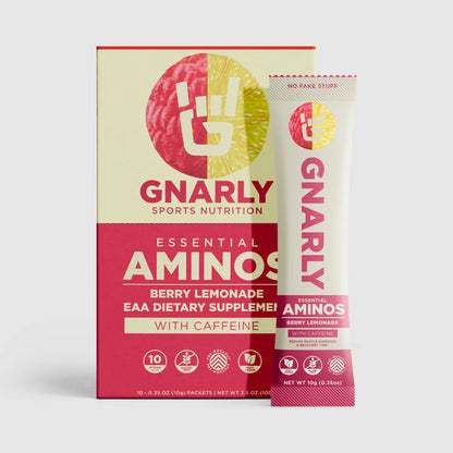 Gnarly Sports Nutrition Essential Aminos package and single packet on a white background