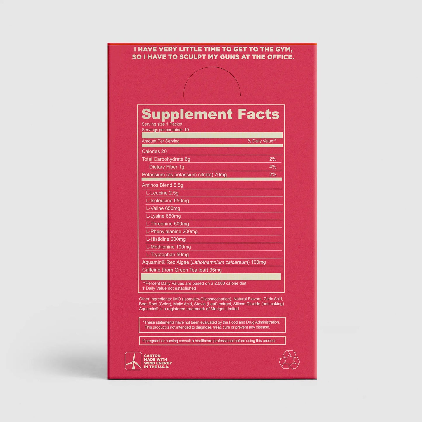 Supplement package with red background and white text displaying supplement facts.