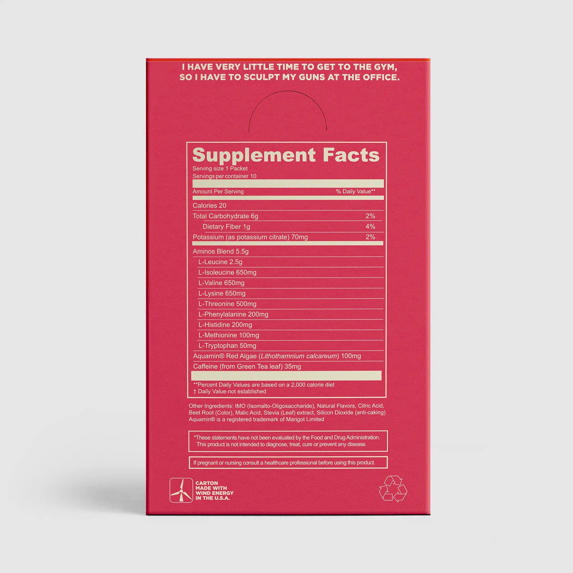 Supplement package with red background and white text displaying supplement facts.
