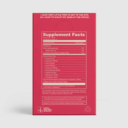 Supplement package with red background and white text displaying supplement facts.