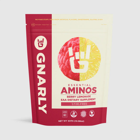 Gnarly Essential Aminos dietary supplement package on a light gray background
