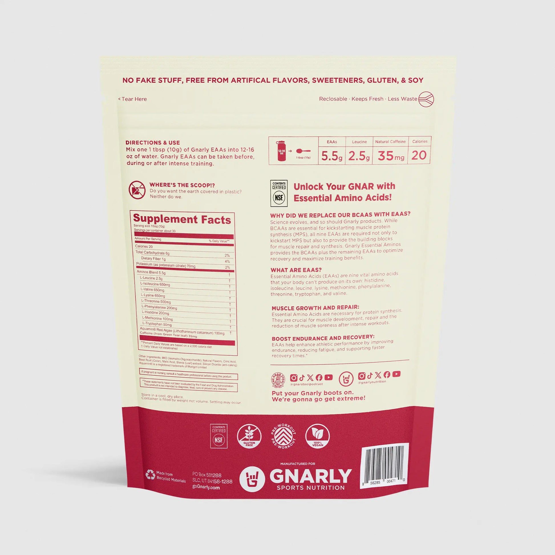 Back of a GNARLY sports nutrition package with supplement facts and branding.