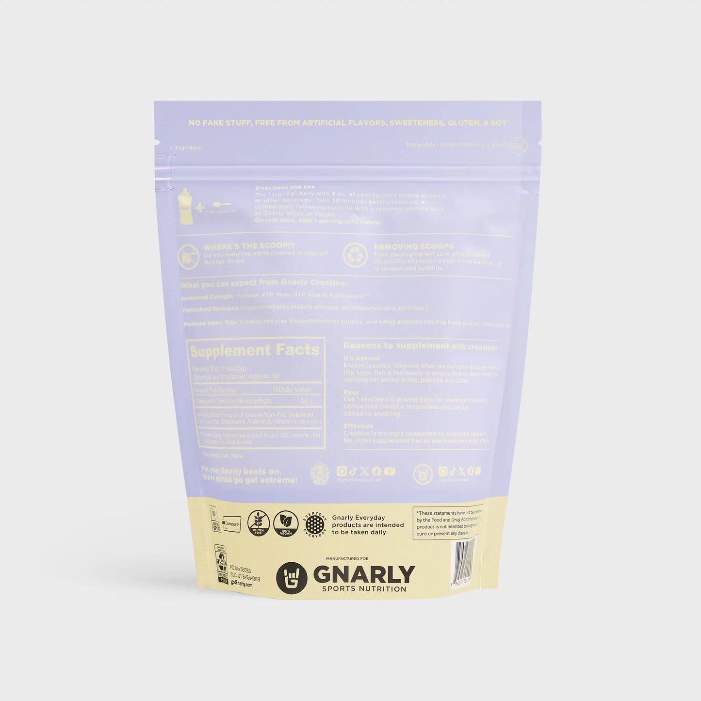 Gnarly Sports Nutrition supplement package with purple and beige design on a white background
