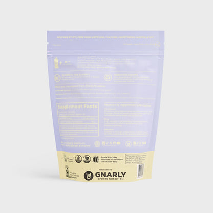 Gnarly Sports Nutrition supplement package with purple and beige design on a white background