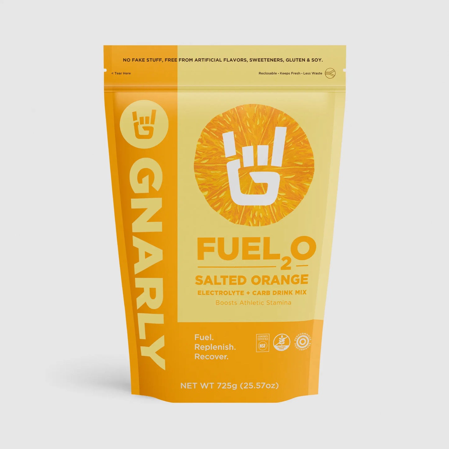 Gnarly Fuel2O Salted Orange drink mix package on a white background