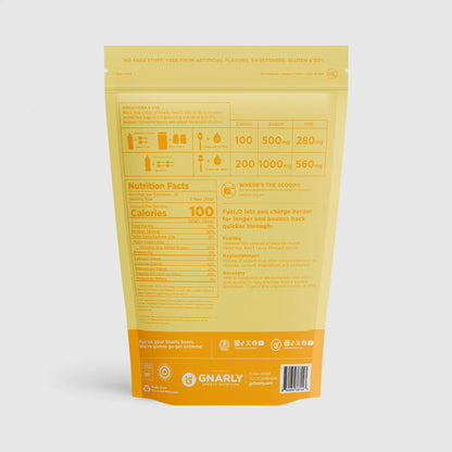Gnarly's salted orange supplement package with nutritional information on a white background