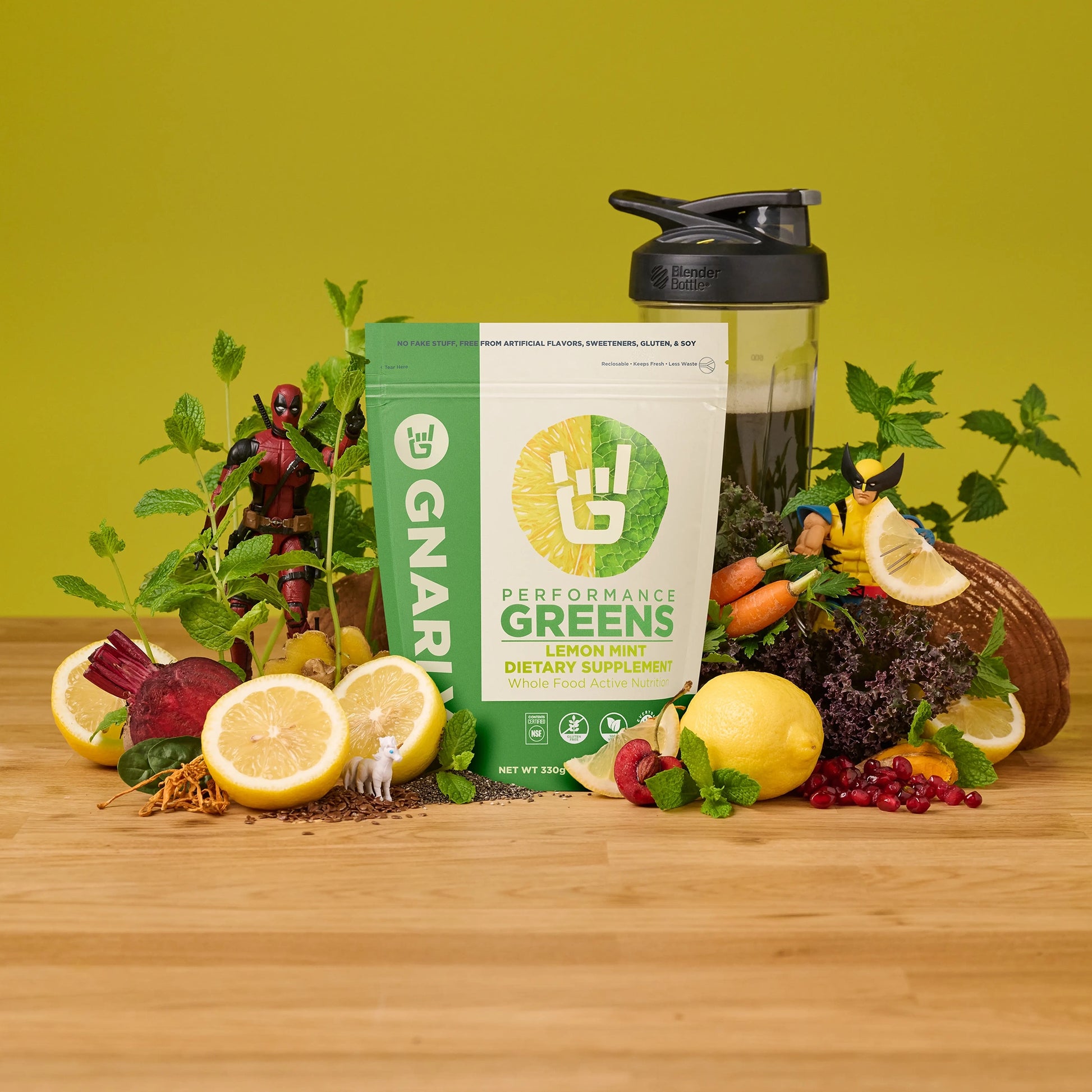 Gnarly Performance greens Lemon Mint Dietary supplement surrounded by health super foods