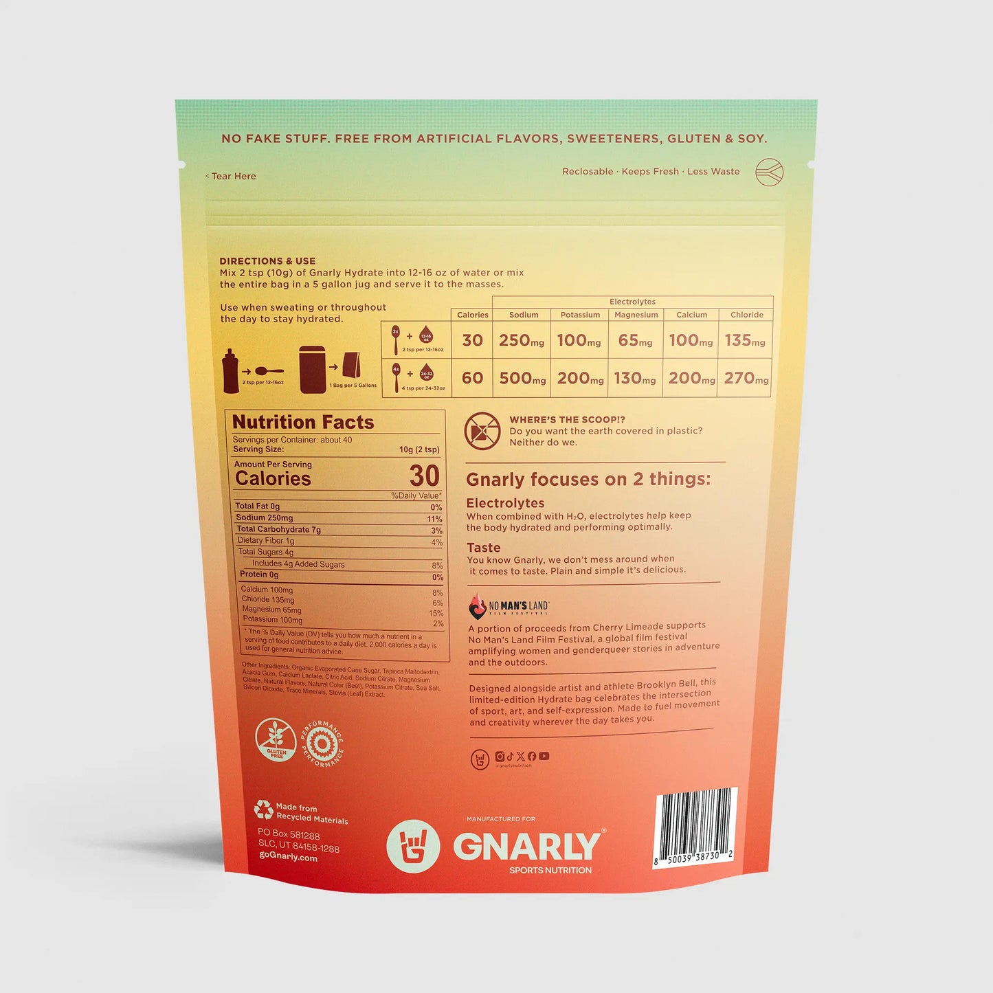 Gnarly Hydrate Cherry Limeade instructions and nutrition facts on white background