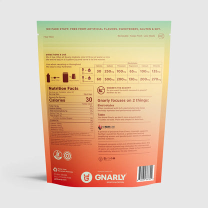 Gnarly Hydrate Cherry Limeade instructions and nutrition facts on white background