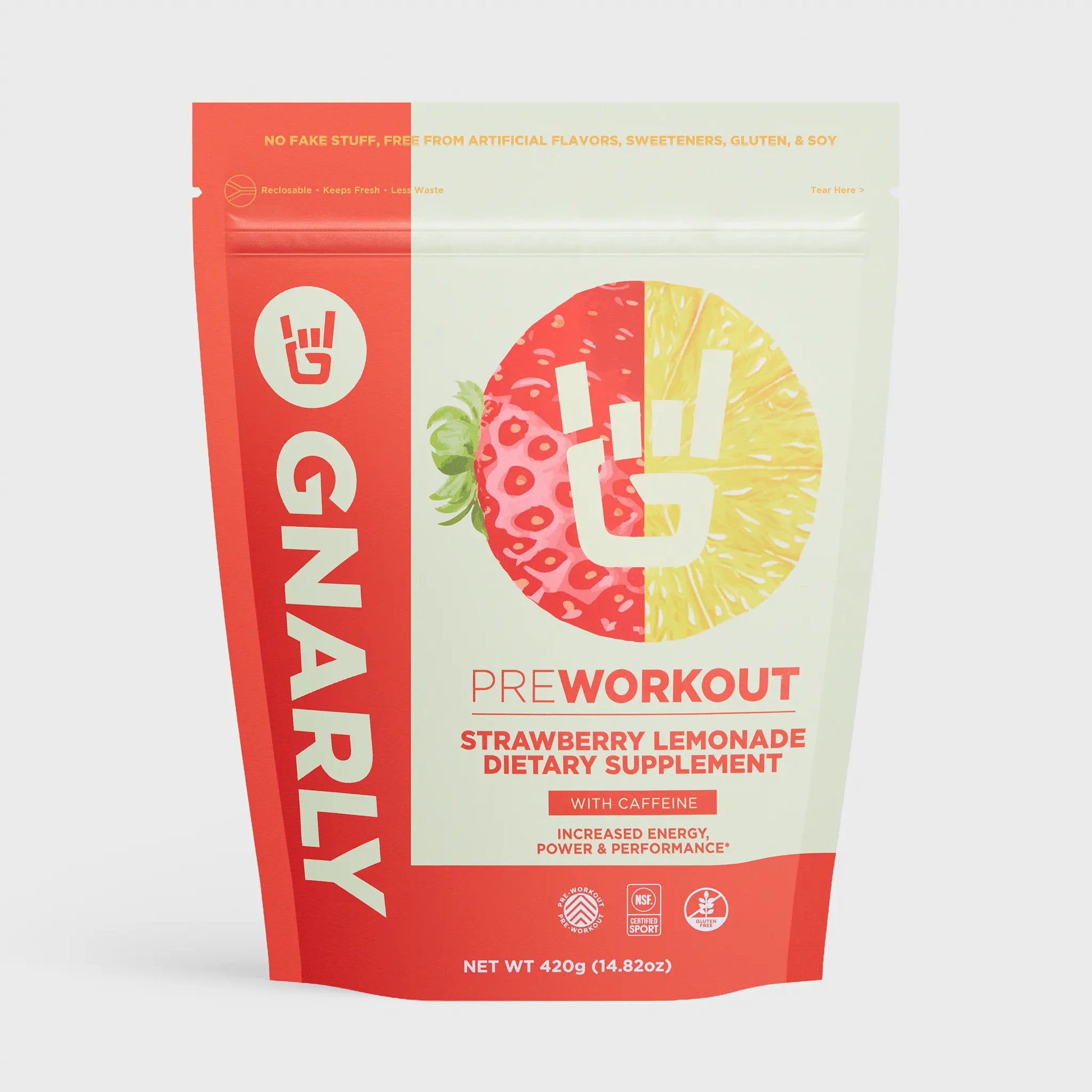 Gnarly pre-workout supplement package with strawberry lemonade flavor on a white background