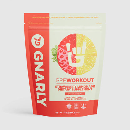 Gnarly pre-workout supplement package with strawberry lemonade flavor on a white background
