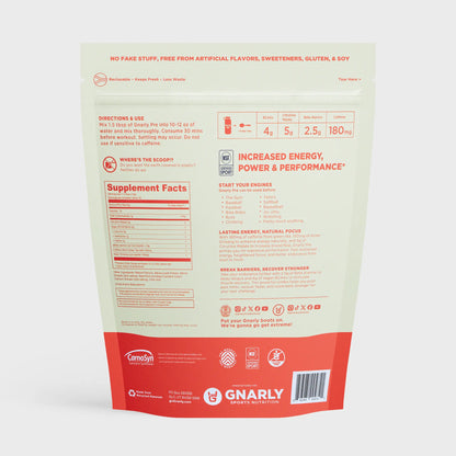 Supplement package with red and white design on a light gray background