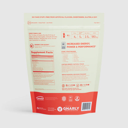 Back of a Gnarly sports nutrition package with supplement facts and branding.