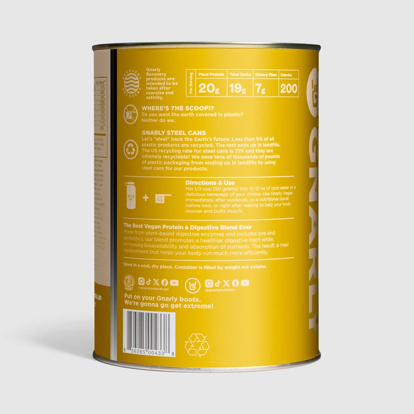 Yellow protein powder canister with text and branding on a light gray background