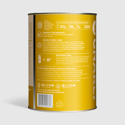 Yellow protein powder canister with text and branding on a light gray background