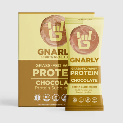 Gnarly Grass-fed Whey chocolate protein powder packets