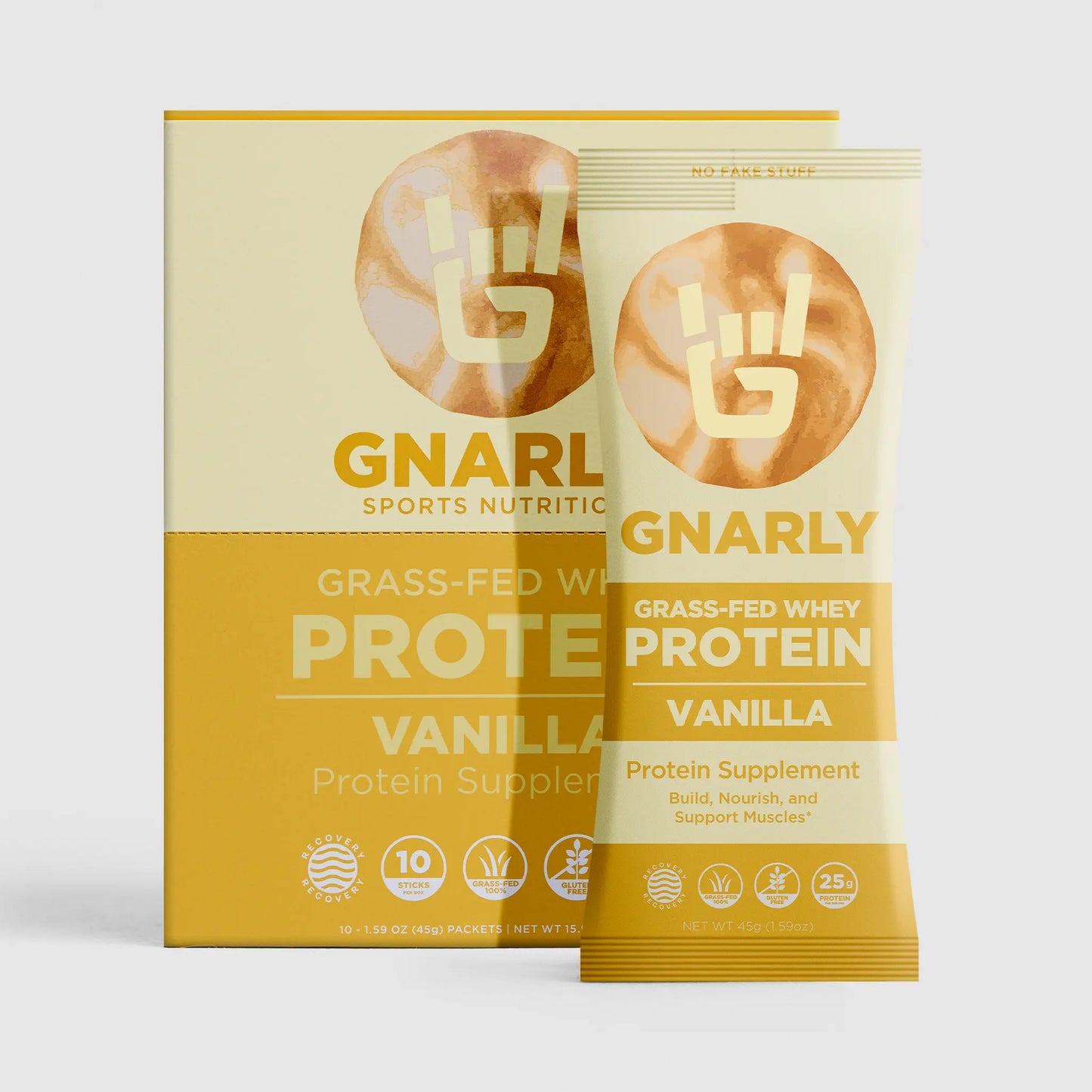 Gnarly Grass-fed Whey vanilla Protein powder individual packet with box