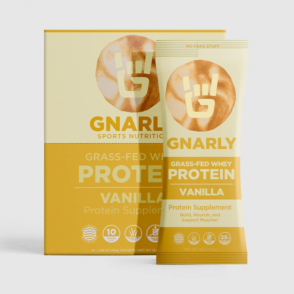 Gnarly Grass-fed Whey vanilla Protein powder individual packet with box