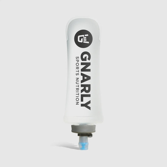 Gnarly Sports Nutrition supplement soft water bottle on a light gray background