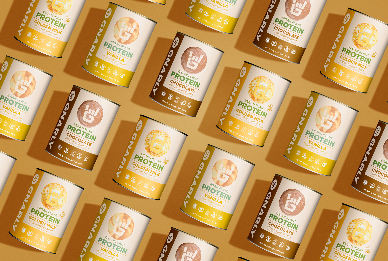 Pattern of protein powder cans on a brown background