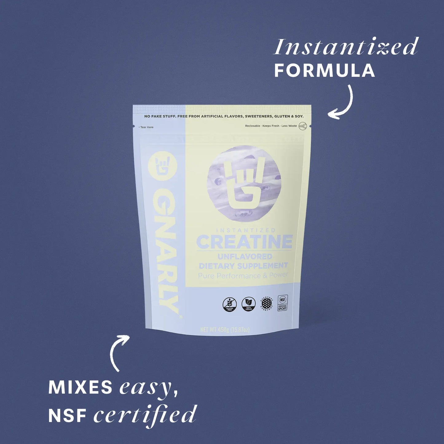 Gnarly Instantized Creatine unflavored pouch, 450g, NSF Certified for Sport