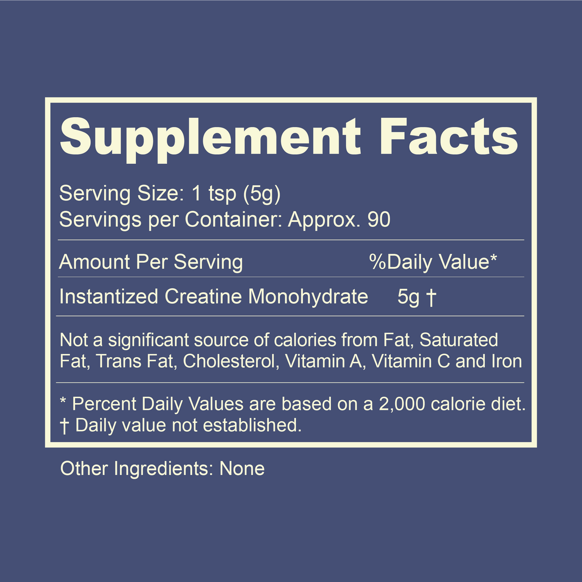 Gnarly Instantized Creatine supplement facts panel, 5g per serving, 90 servings