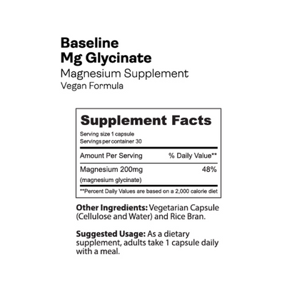 Gnarly Nutrition Baseline vegan Magnesium Glycinate bottle nutrition information
