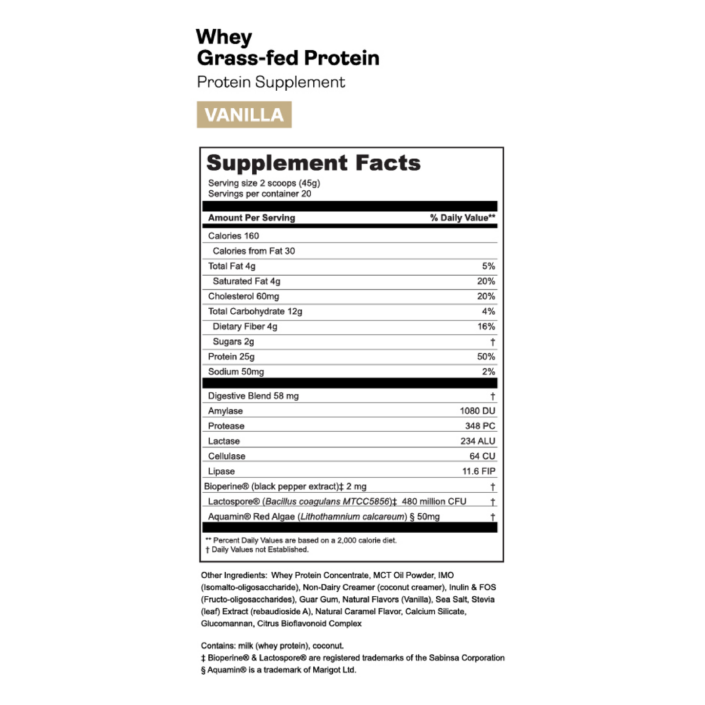 Gnarly Grass-fed Whey vanilla Protein powder nutrition information