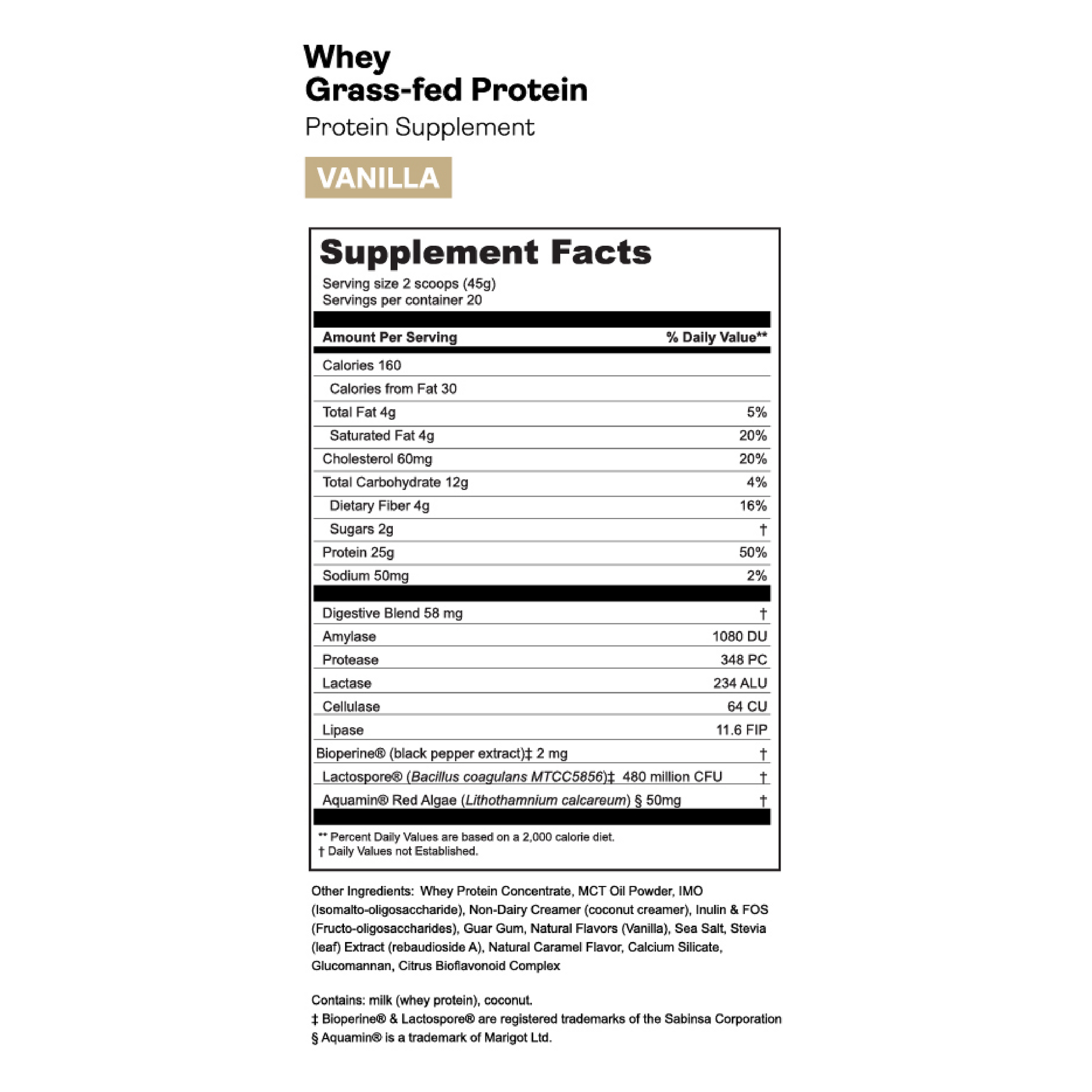 Gnarly Grass-fed Whey vanilla Protein powder nutrition information