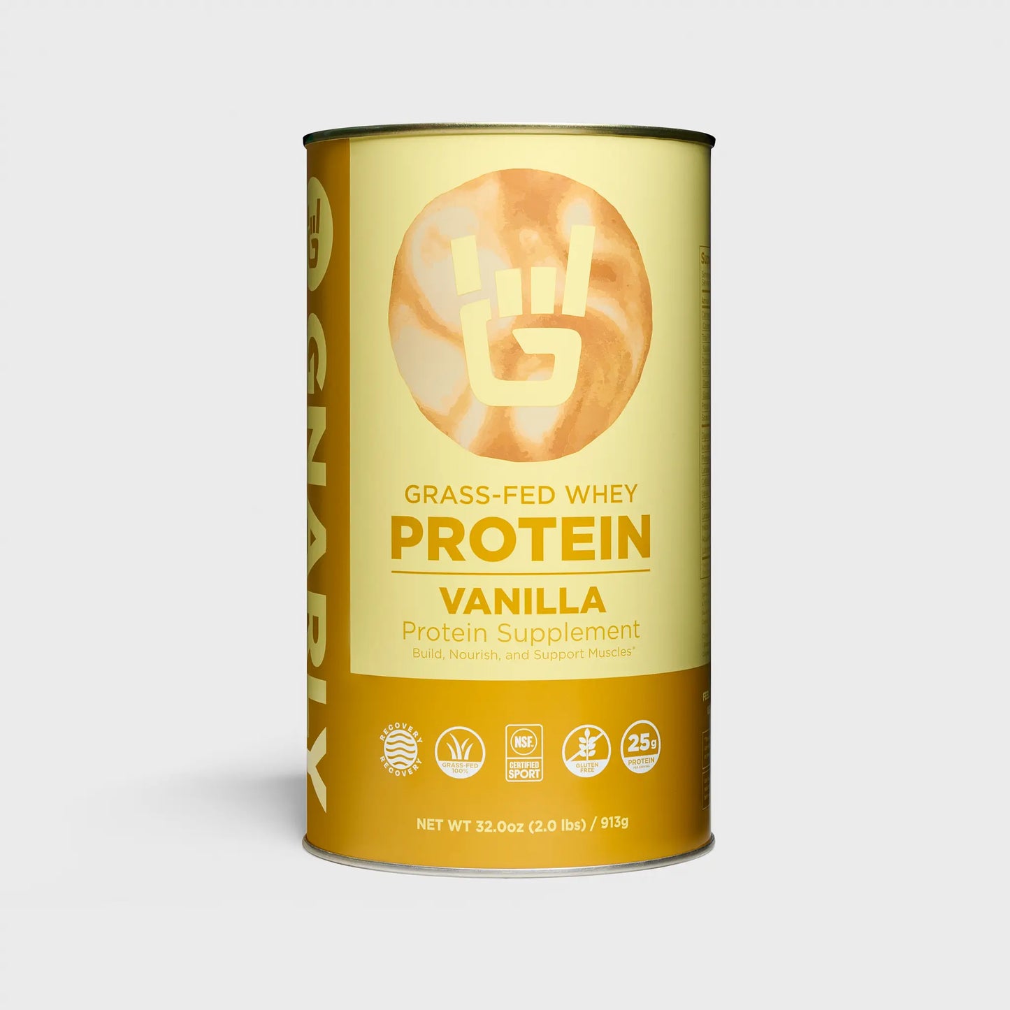 Gnarly Grass-fed Whey vanilla Protein powder tin
