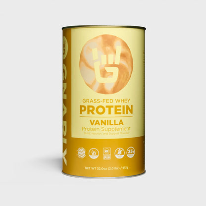 Gnarly Grass-fed Whey vanilla Protein powder tin